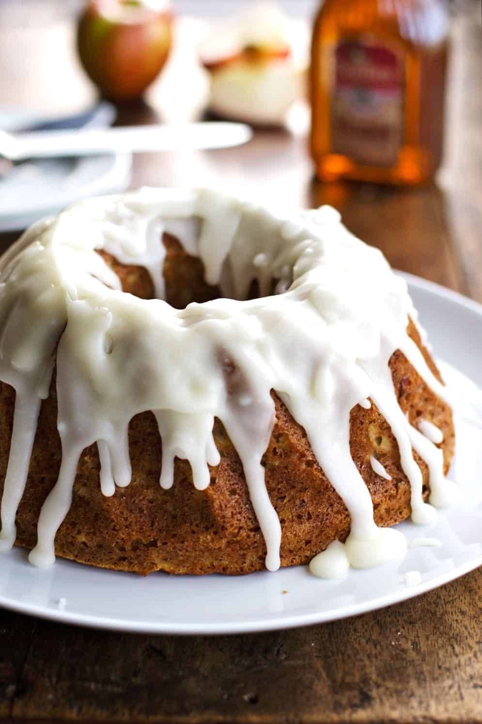 Whole wheat honey apple bundt cake with glaze.