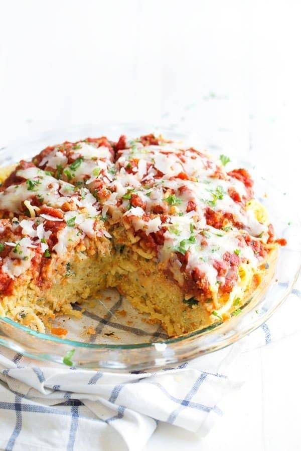 Spaghetti Pie in a clear baking dish.