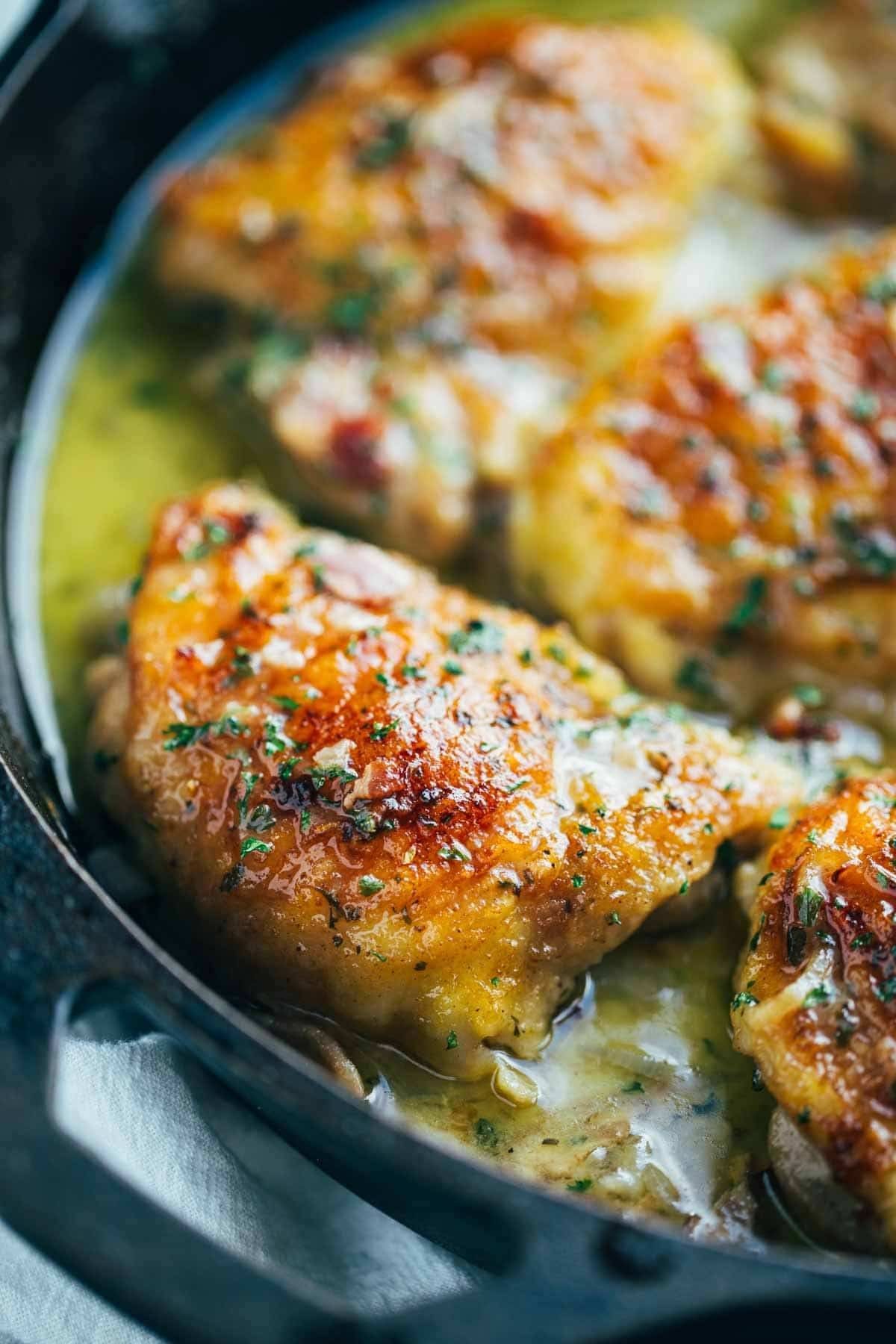 Skillet Chicken with Bacon and White Wine Sauce.