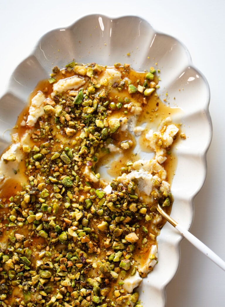 Boursin cheese with pistachios and hot honey.
