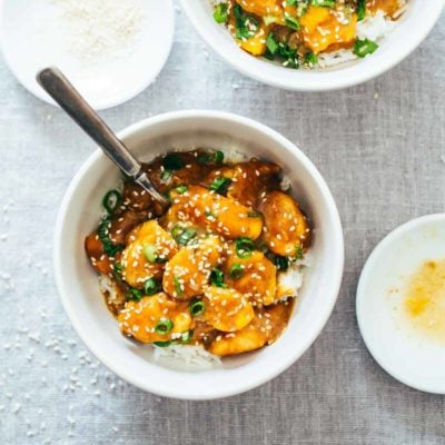 Sesame Mango Chicken Teriyaki in bowls with rice.