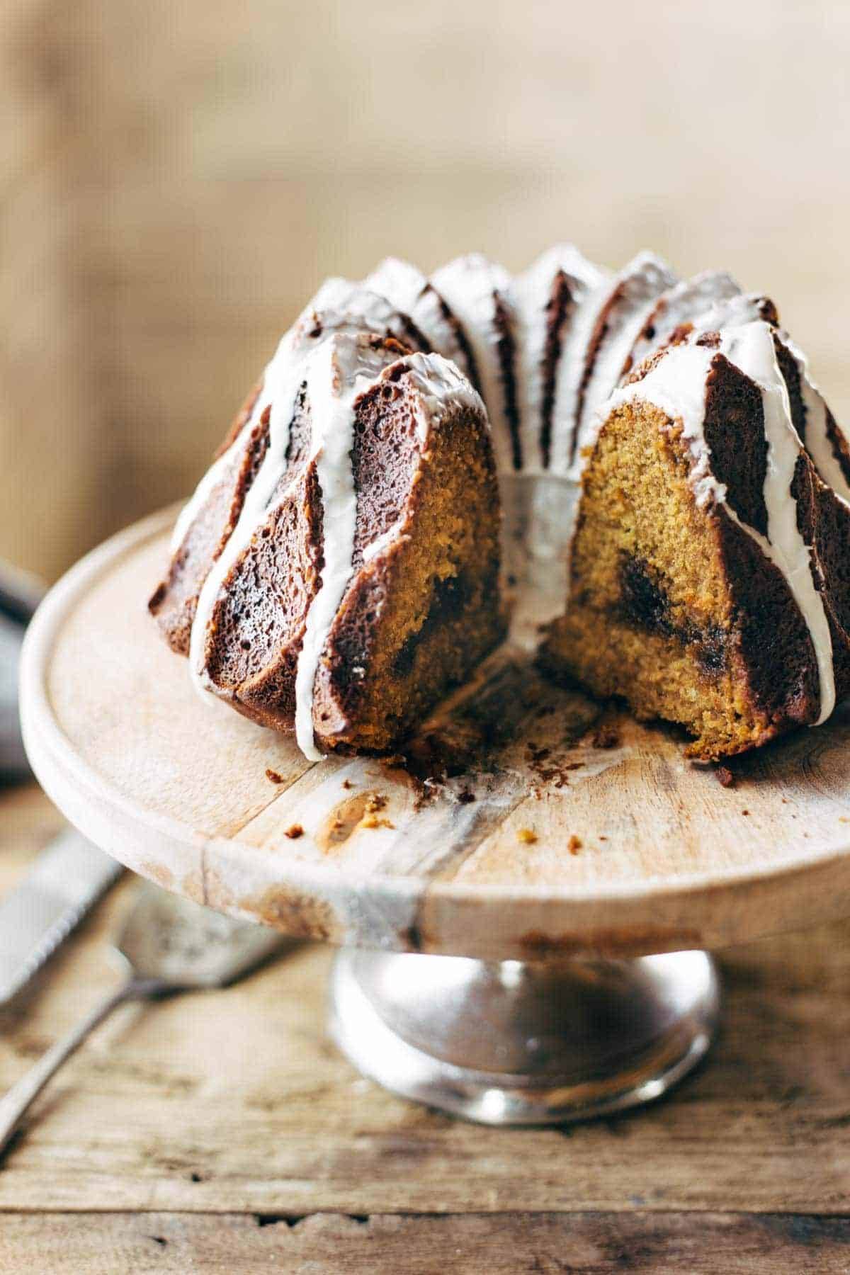 Pumpkin Cake on a cake stand.