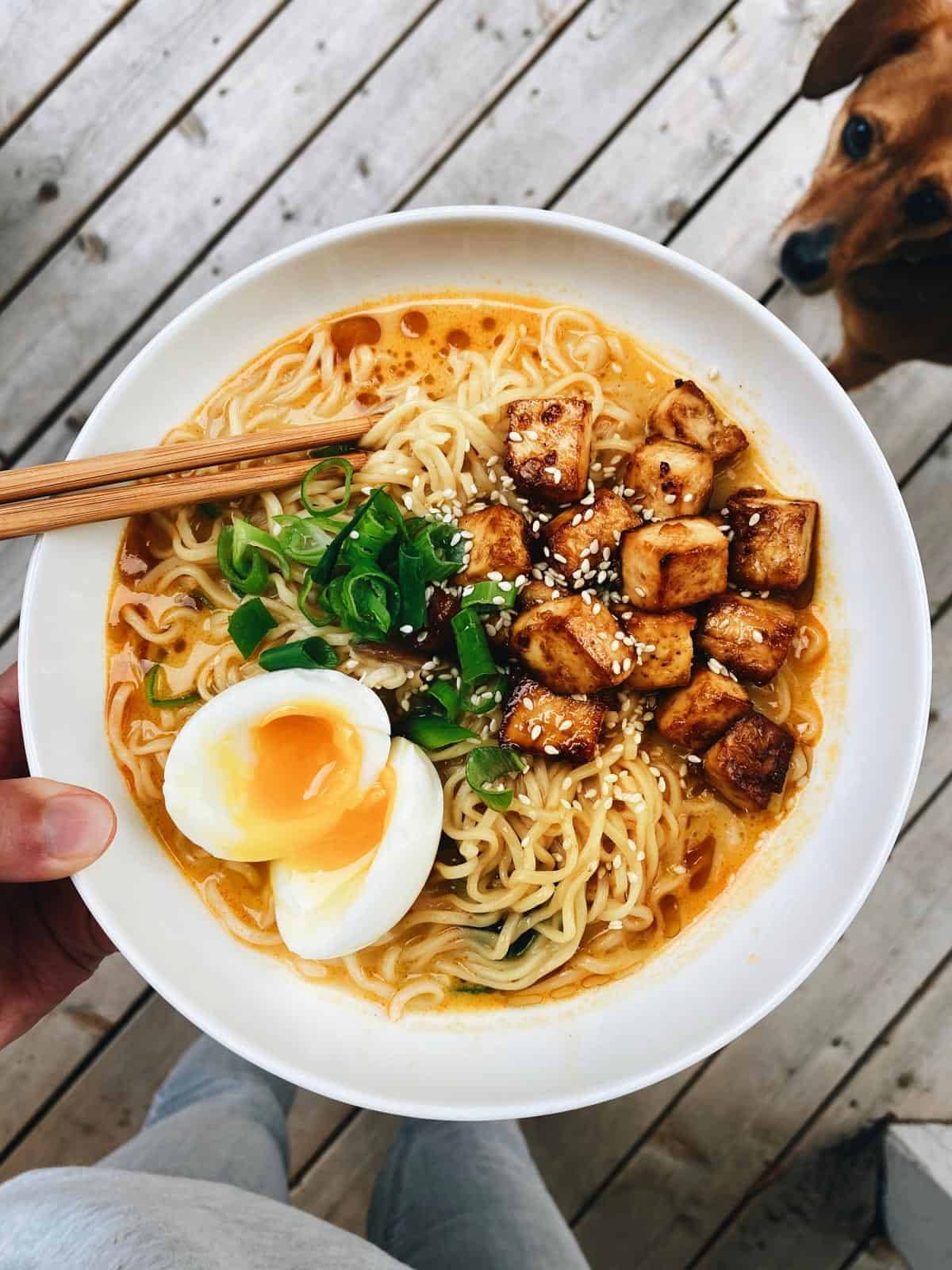 Coconut curry ramen in a bowl.