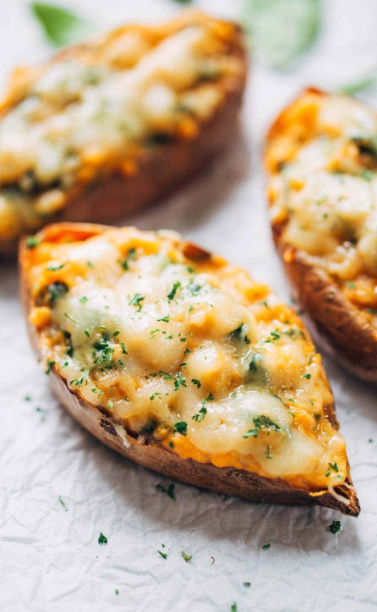 Sweet potato skins with mashed sweet potato, chickpeas, spinach, and Mozzarella cheese.